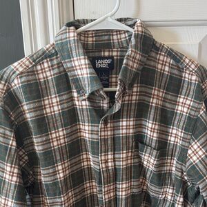 Lands' End Men's Forest Green and Brown Plaid Flannel Shirt size large